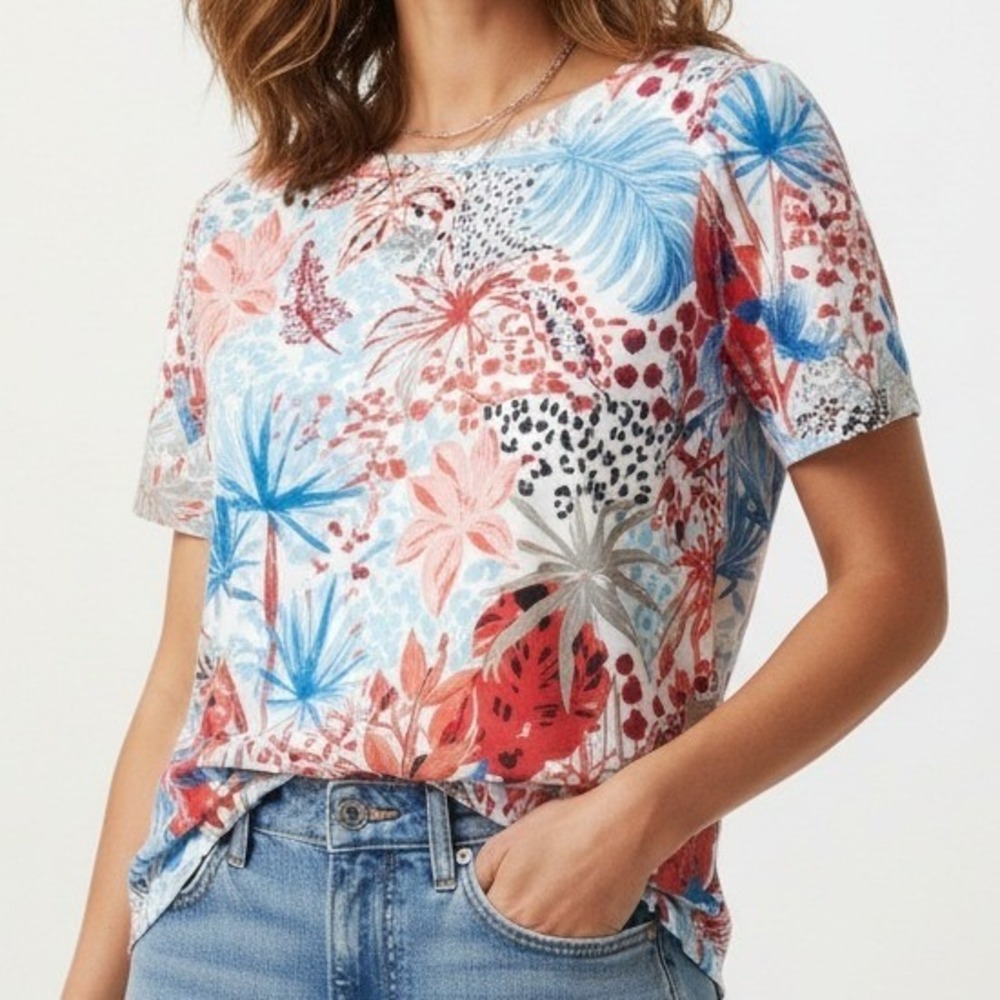 Tropical Leopard Print T-Shirt Cotton Blend Casual‎ Size 2 Chico's Women